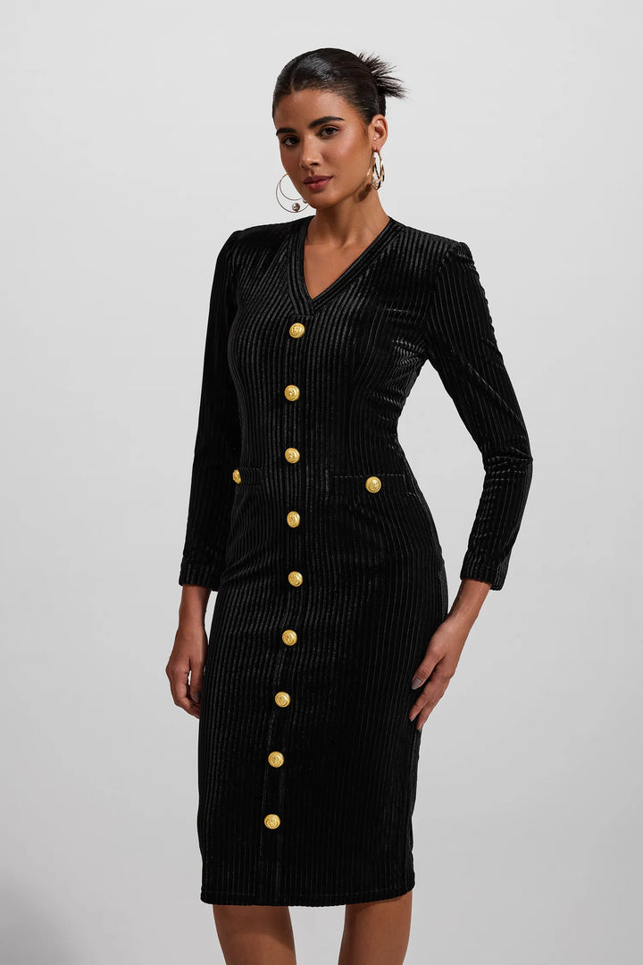 Kadife V Yaka Metal Düğmeli Midi Elbise