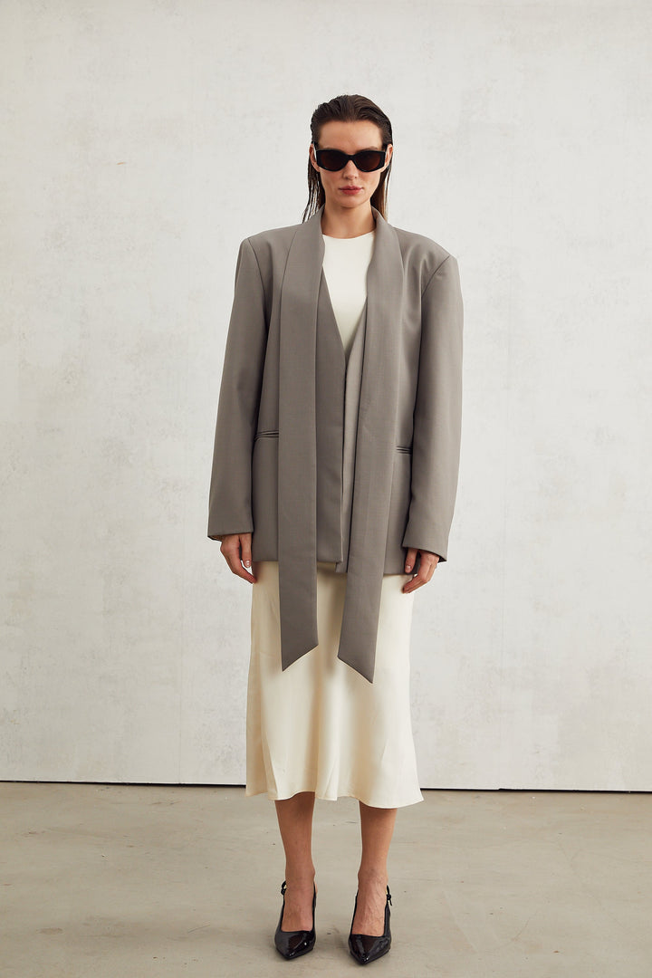 Béatrice Gri Yakasız V Yaka Blazer Ceket