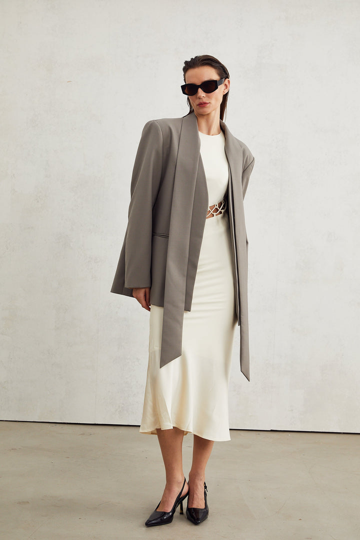 Béatrice Gri Yakasız V Yaka Blazer Ceket