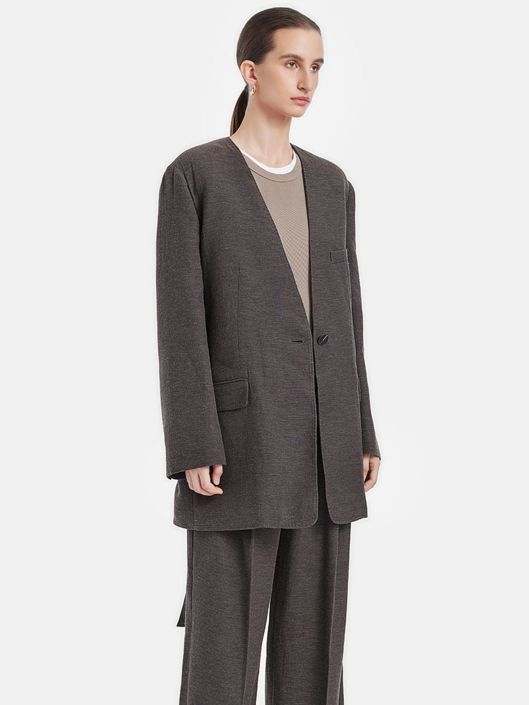 Dokulu Kuşaklı Yakasız Blazer