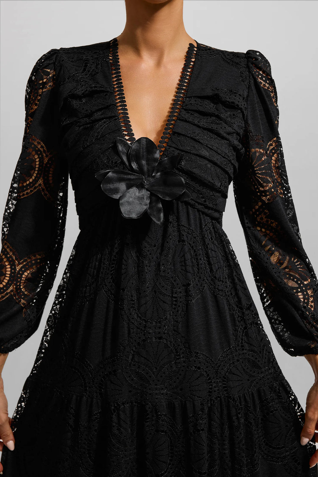 Dantel 3D Çiçek Uzun Kollu Uzun Elbise Siyah