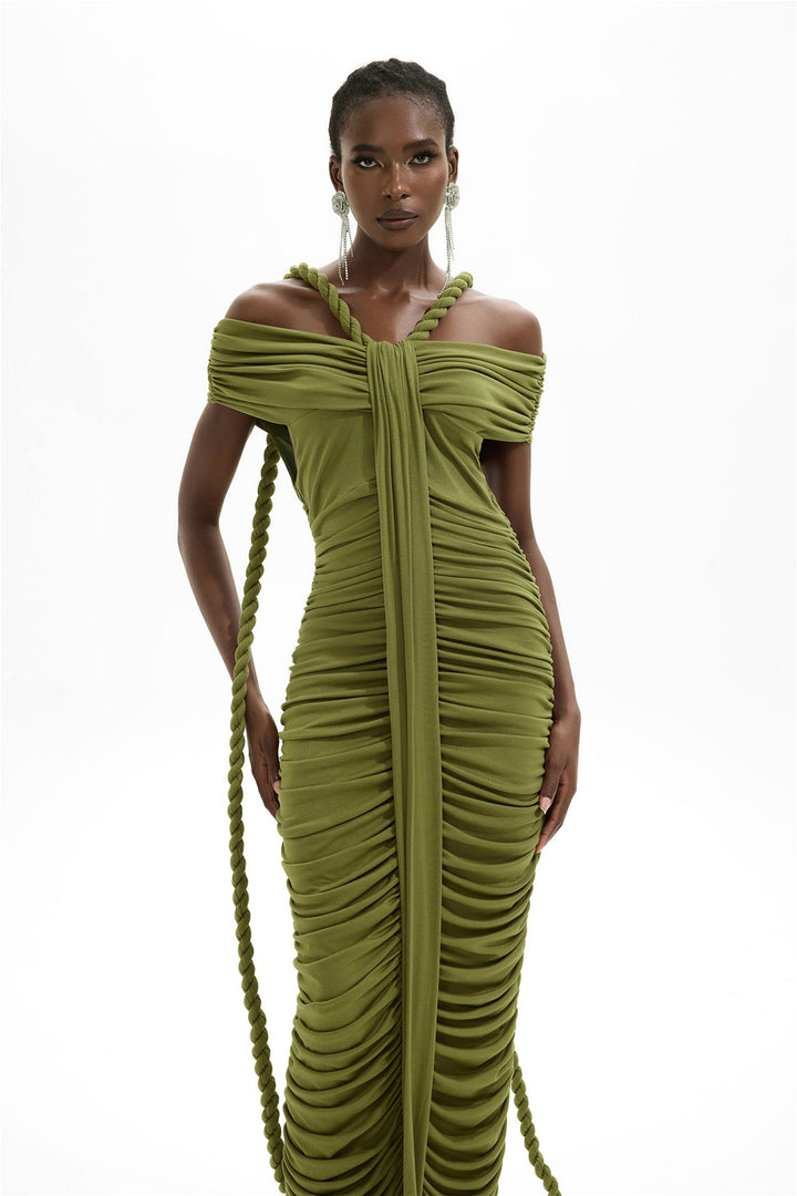 Frederica Halat Kravatlı Boyundan Bağlamalı Maxi Triko Elbise