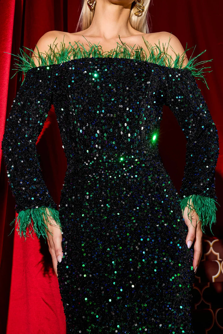 Athena Payetli Kadife Tüy Maxi Elbise