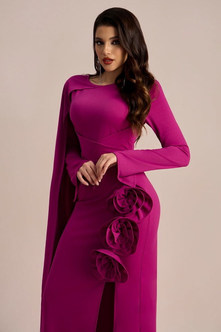 Anastasia Çiçekli Pelerinli Uzun Yırtmaçlı Elbise