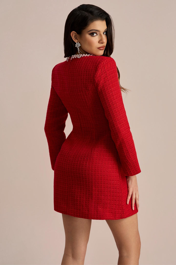 Camilla Kare Yaka Tüvit Mini Elbise