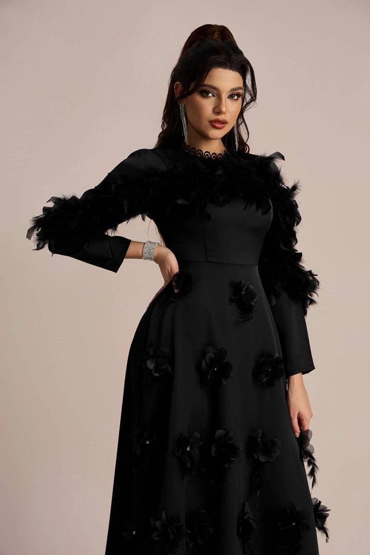 Theresa Çiçek Aplikeli Uzun Kollu Maxi Elbise