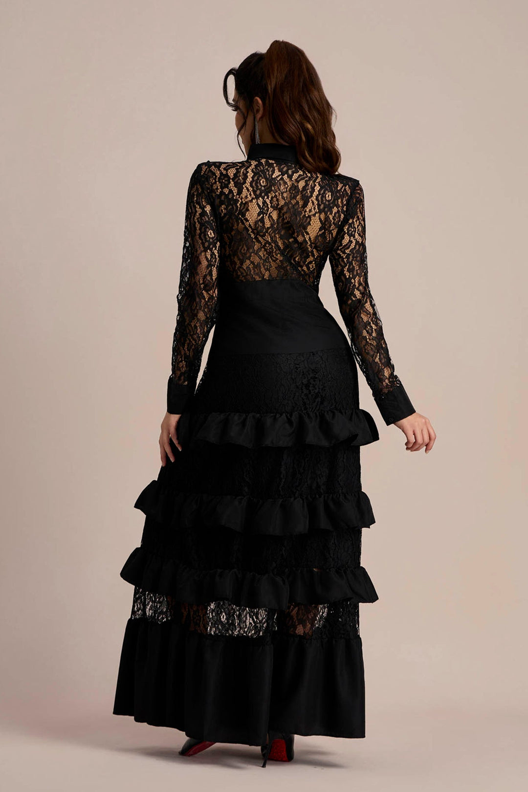 Martina Uzun Kollu Katlı Maxi Dantel Elbise