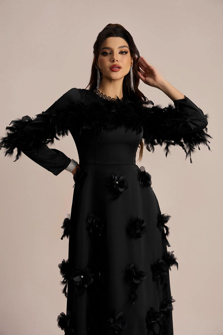 Theresa Çiçek Aplikeli Uzun Kollu Maxi Elbise