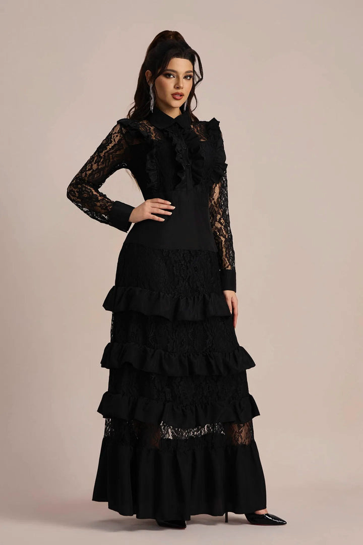 Martina Uzun Kollu Katlı Maxi Dantel Elbise