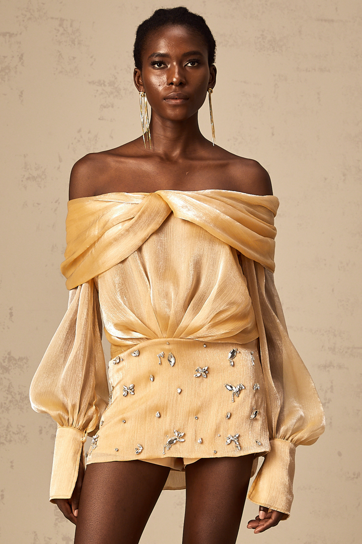 Adelina Altın Kristal Süslemeli Panelli Mini Elbise