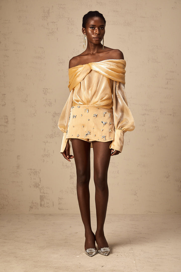 Adelina Altın Kristal Süslemeli Panelli Mini Elbise