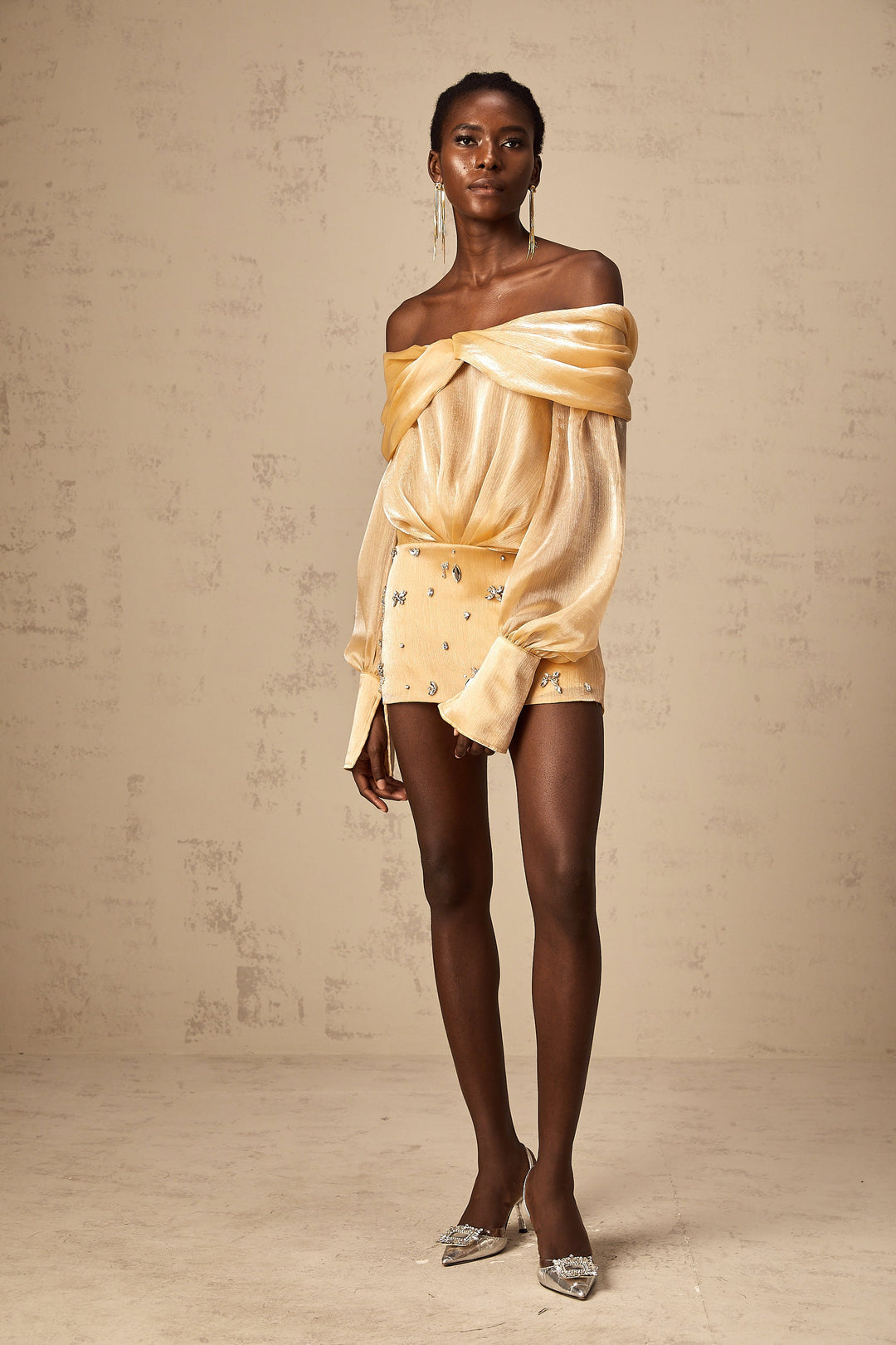 Adelina Altın Kristal Süslemeli Panelli Mini Elbise