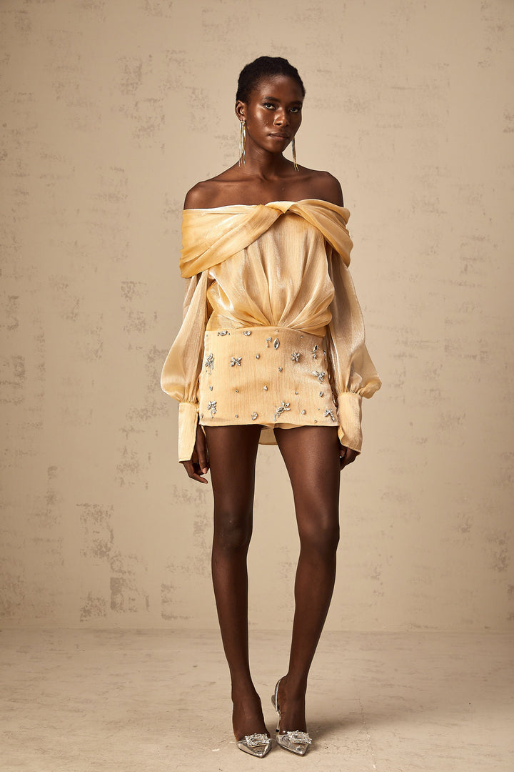 Adelina Altın Kristal Süslemeli Panelli Mini Elbise