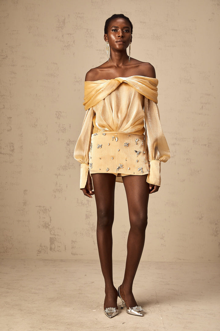 Adelina Altın Kristal Süslemeli Panelli Mini Elbise