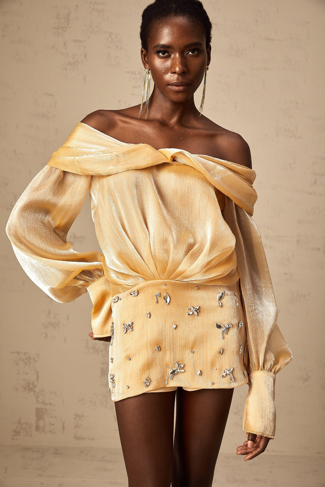 Adelina Altın Kristal Süslemeli Panelli Mini Elbise