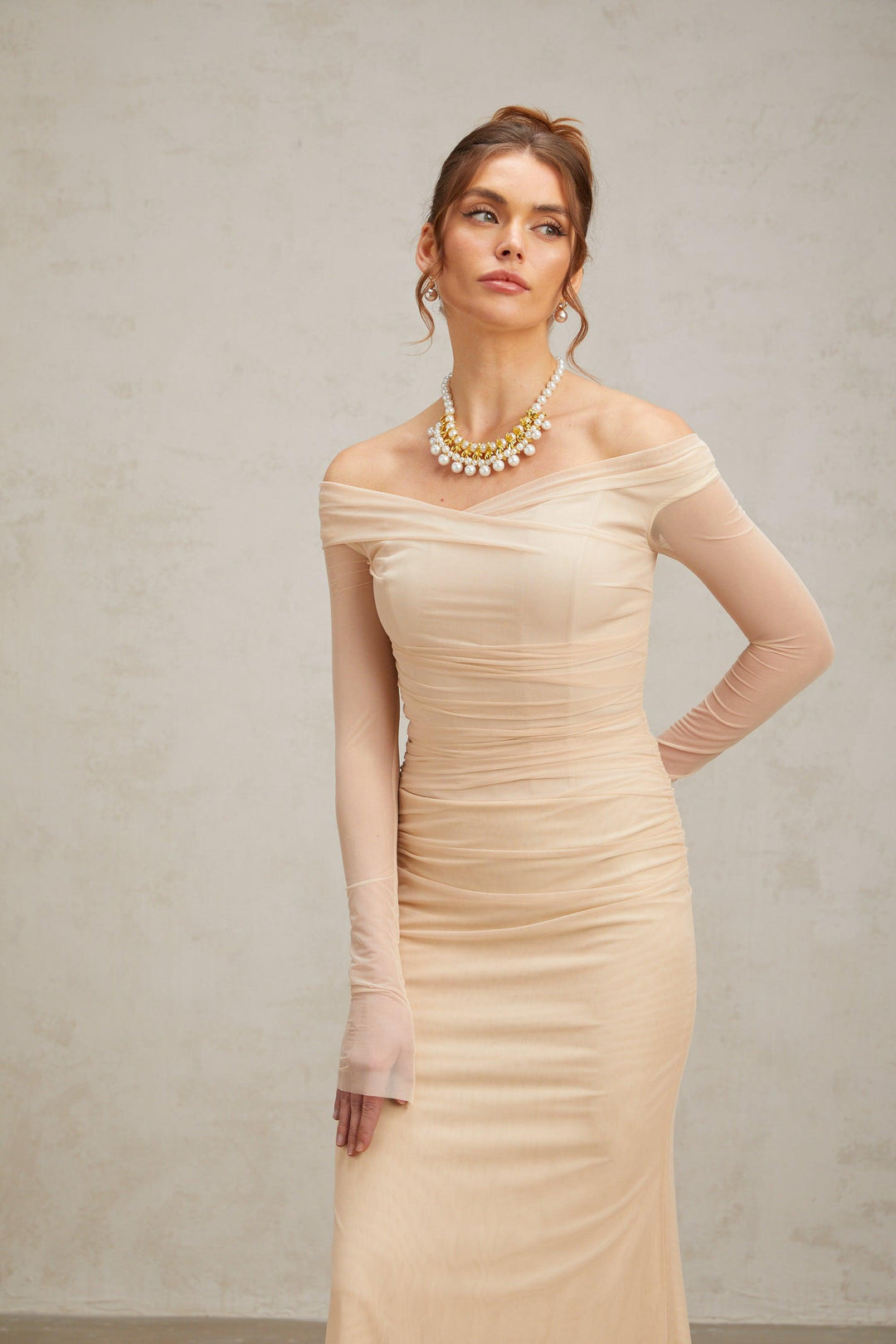 Elegance Aura Omuz Dekolteli Tül Uzun Elbise