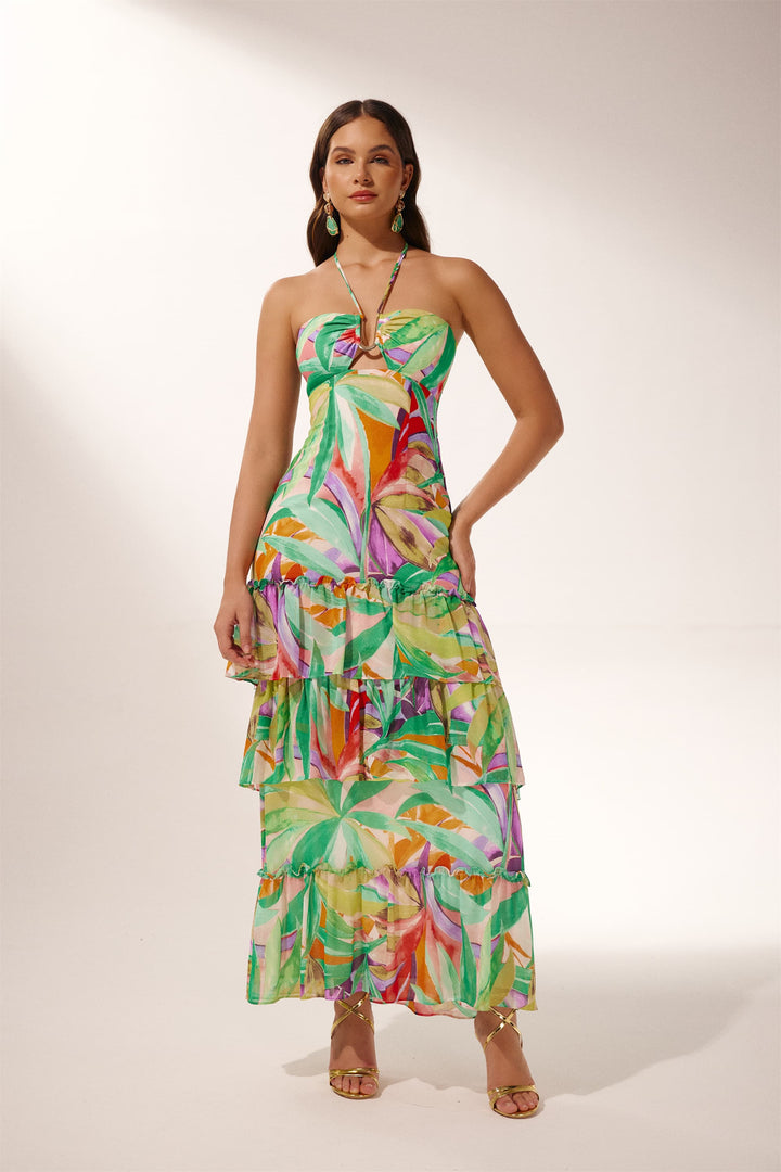 Myra Boyundan Bağlamalı Katlı Uzun Elbise