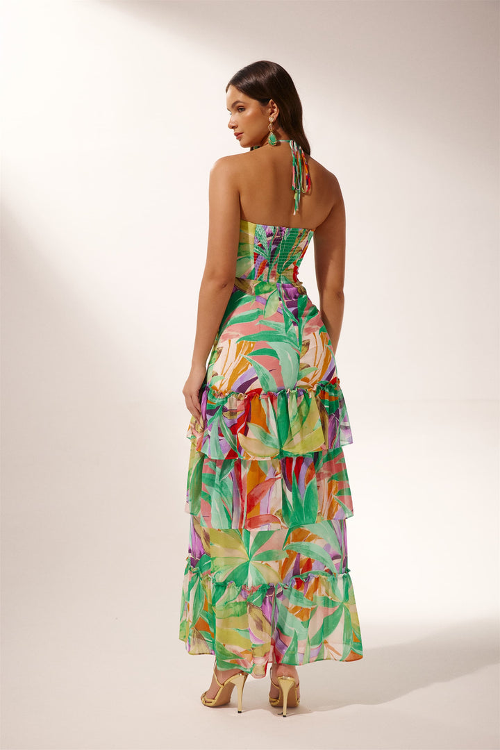 Myra Boyundan Bağlamalı Katlı Uzun Elbise