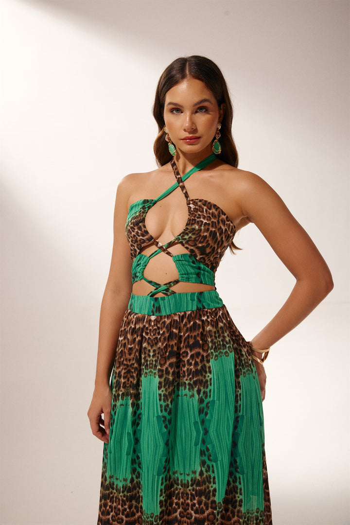 Virginia Boyundan Bağlı Leopar Baskılı Uzun Elbise