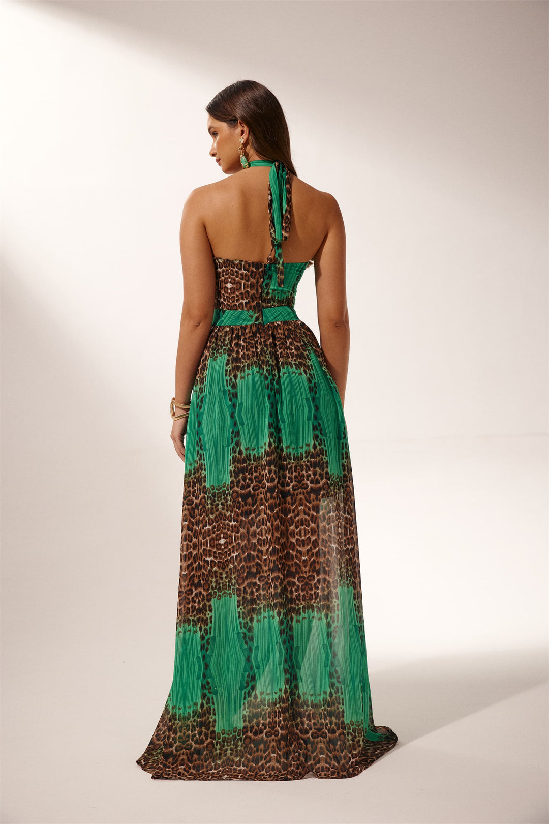 Virginia Boyundan Bağlı Leopar Baskılı Uzun Elbise