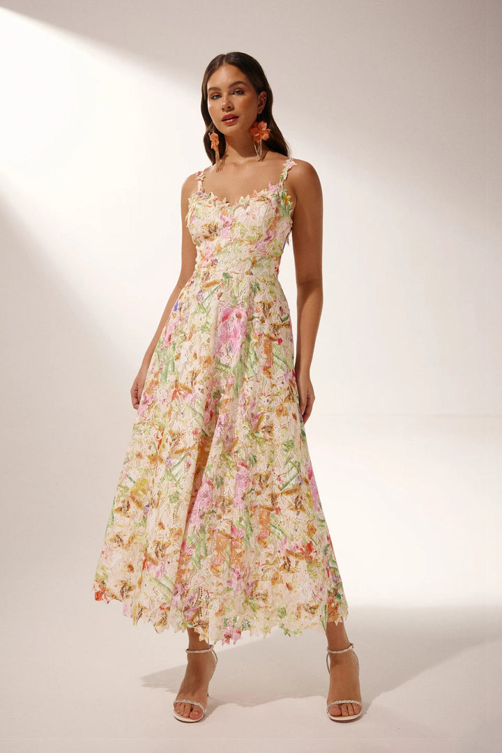 Mor Çiçek İşlemeli Dantel Midi Elbise