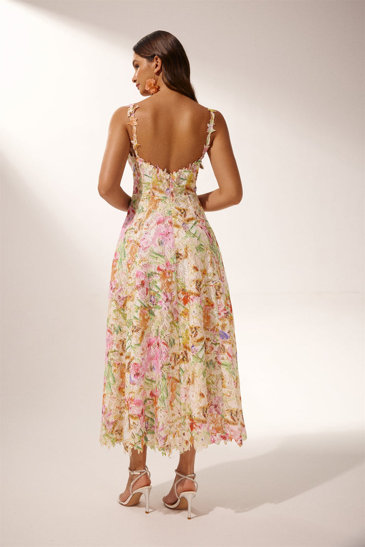 Mor Çiçek İşlemeli Dantel Midi Elbise