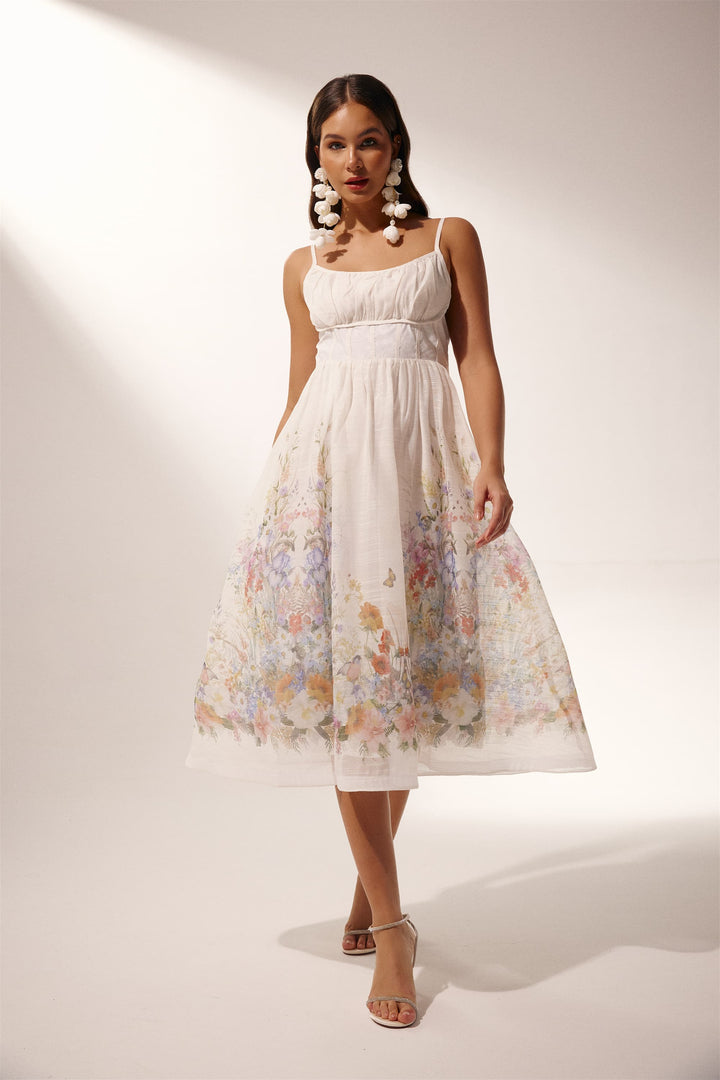 Yoland Çiçek Baskılı Dantelli Midi Elbise