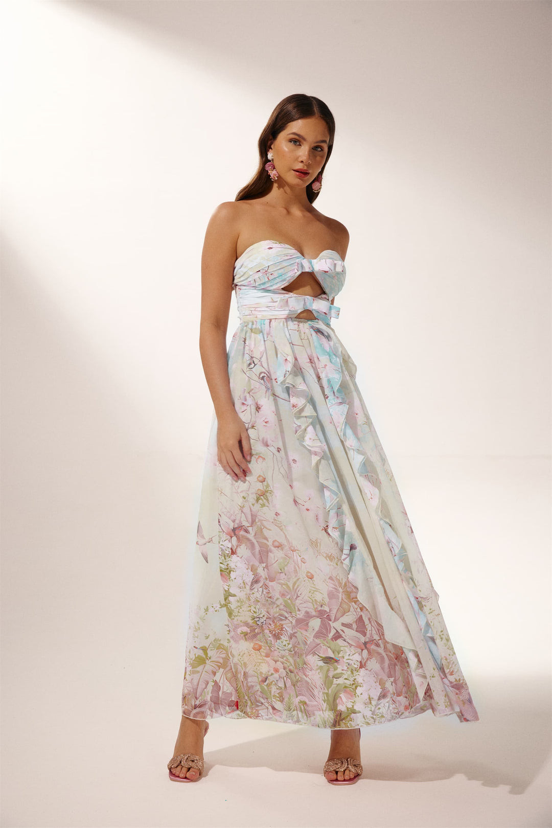 Octavia Baskılı Cut-Out Fırfırlı Maxi Elbise