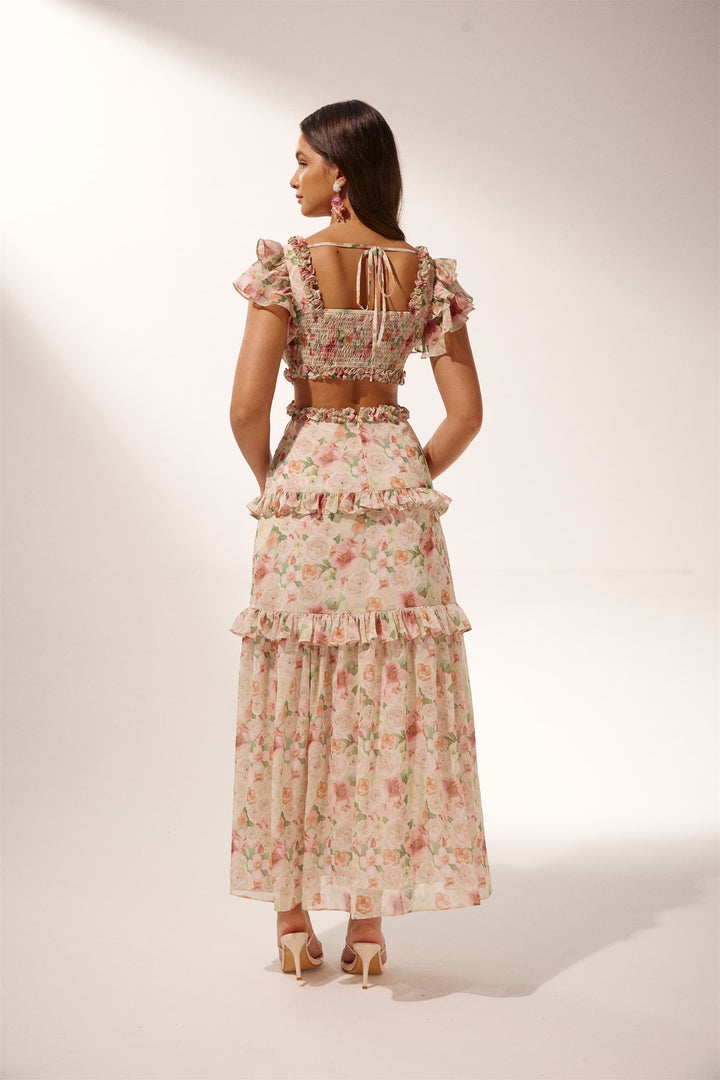 Agatha Baskılı Fırfırlı Cut-Out Midi Elbise