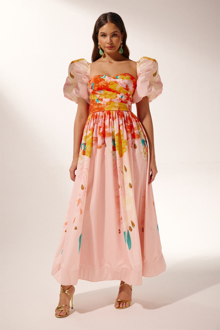 Audrey Çiçek Baskılı Düşük Omuz Midi Elbise