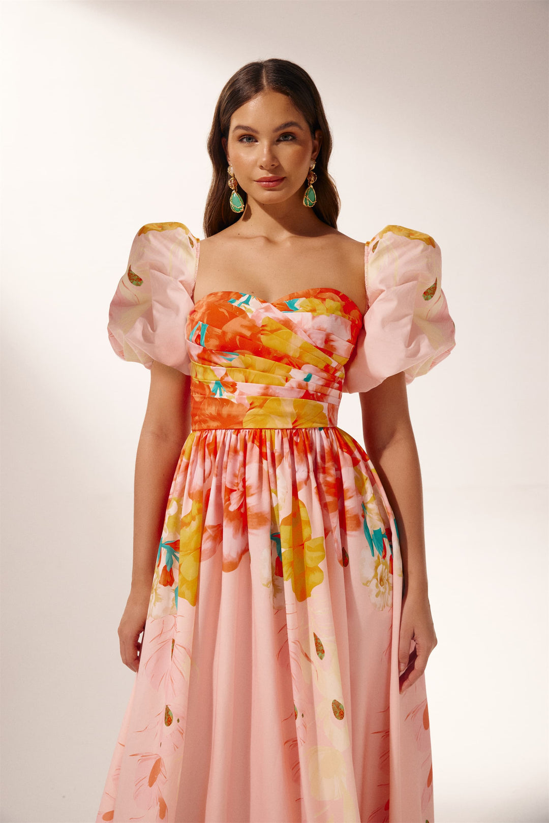 Audrey Çiçek Baskılı Düşük Omuz Midi Elbise