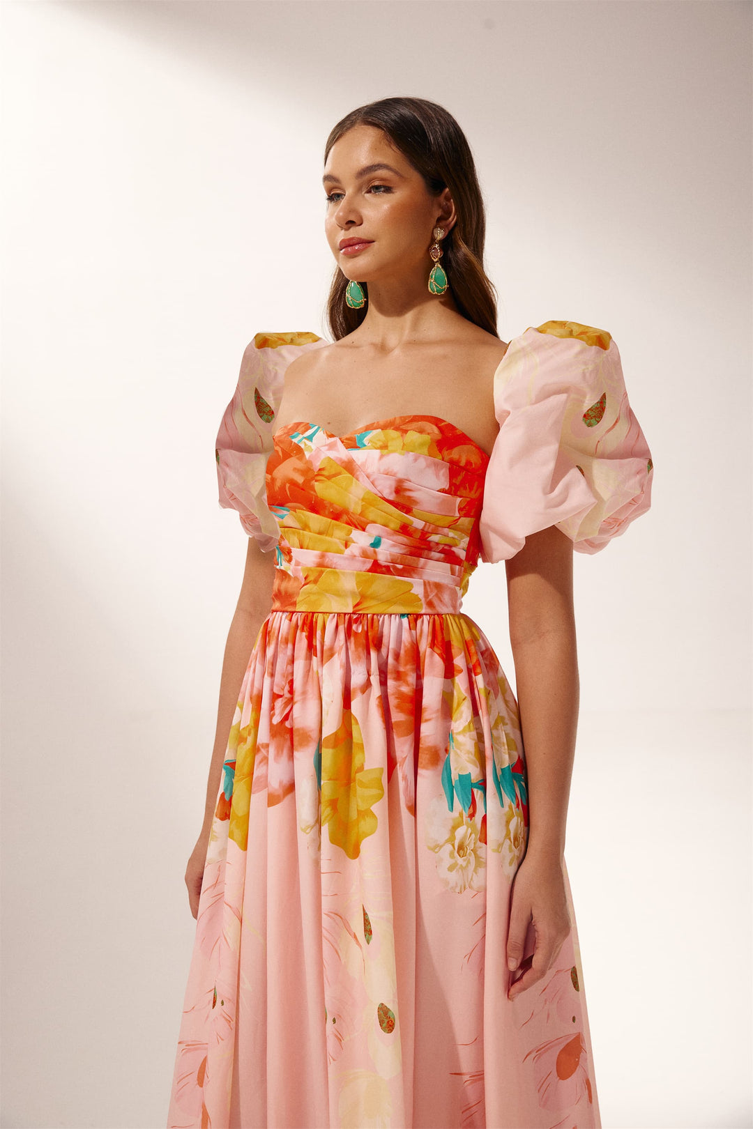 Audrey Çiçek Baskılı Düşük Omuz Midi Elbise