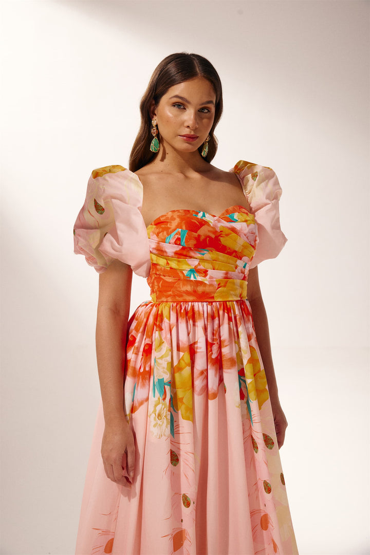 Audrey Çiçek Baskılı Düşük Omuz Midi Elbise