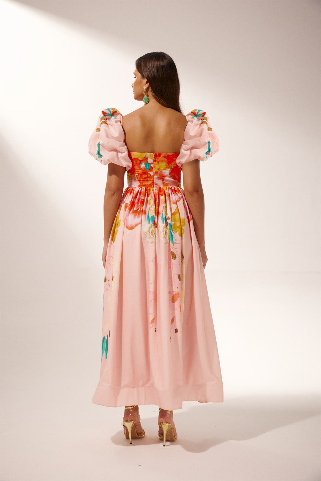 Audrey Çiçek Baskılı Düşük Omuz Midi Elbise