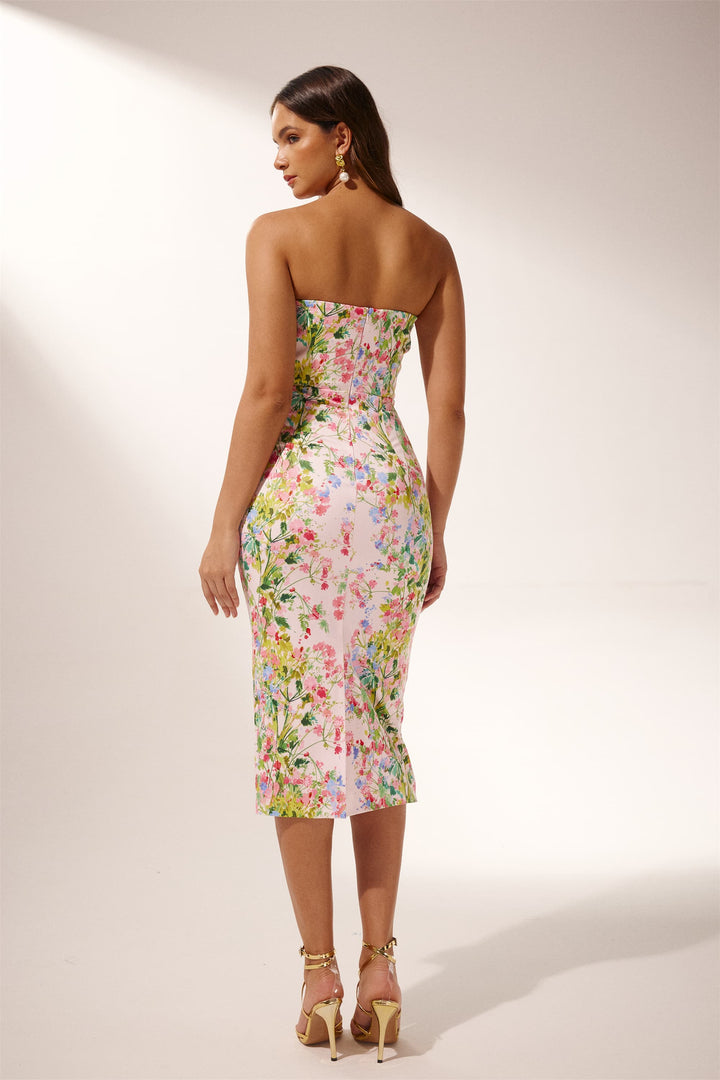 Karen Çiçek Baskılı Straplez Midi Elbise