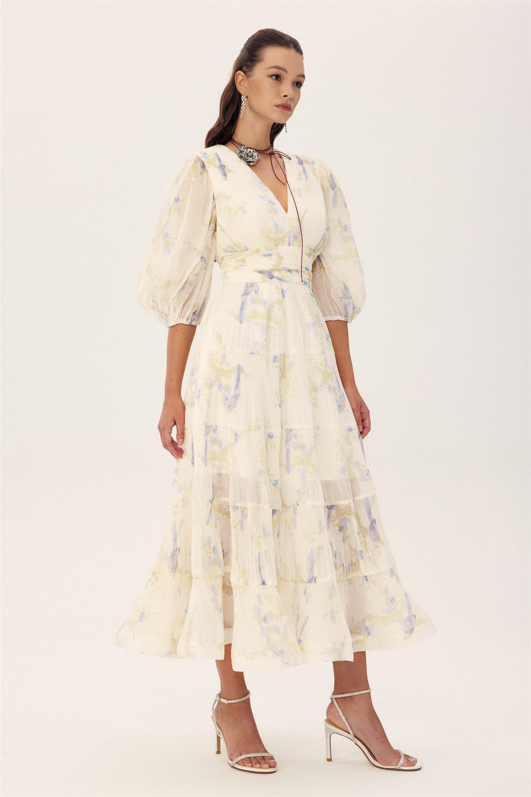 Stephanie Birds Baskılı V Yaka Midi Elbise