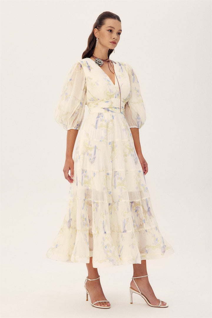 Stephanie Birds Baskılı V Yaka Midi Elbise