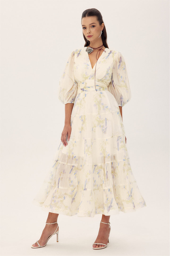 Stephanie Birds Baskılı V Yaka Midi Elbise