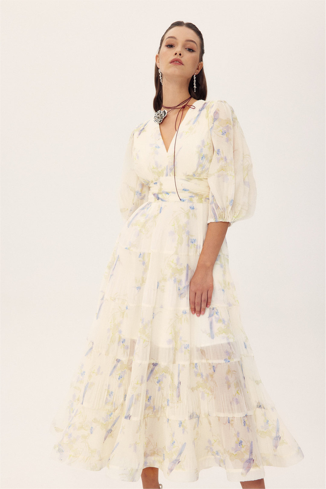 Stephanie Birds Baskılı V Yaka Midi Elbise