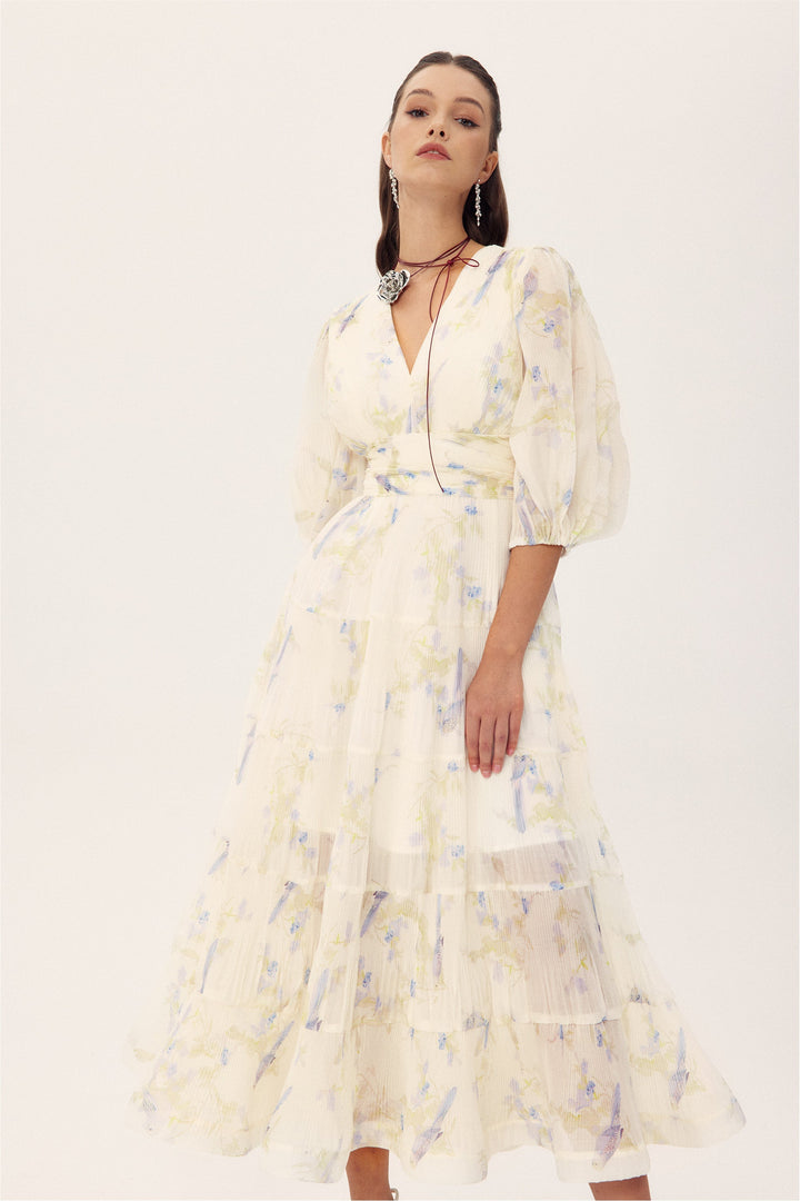 Stephanie Birds Baskılı V Yaka Midi Elbise