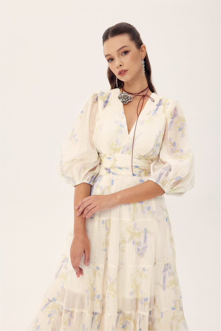 Stephanie Birds Baskılı V Yaka Midi Elbise