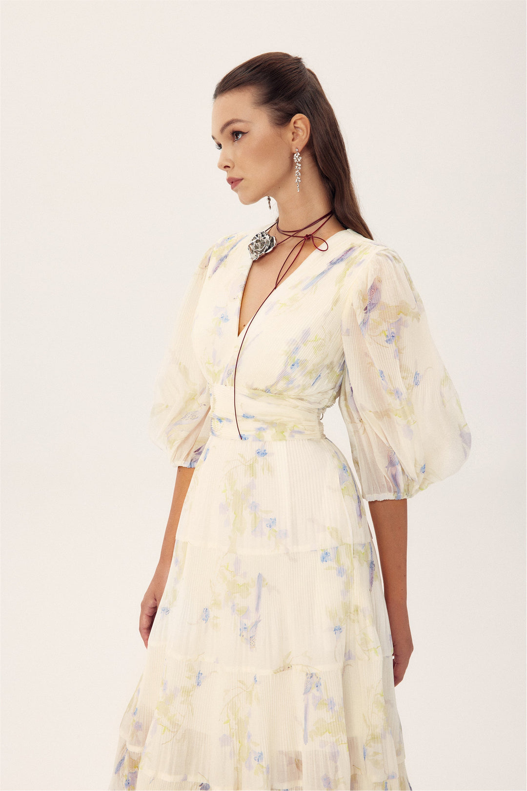 Stephanie Birds Baskılı V Yaka Midi Elbise