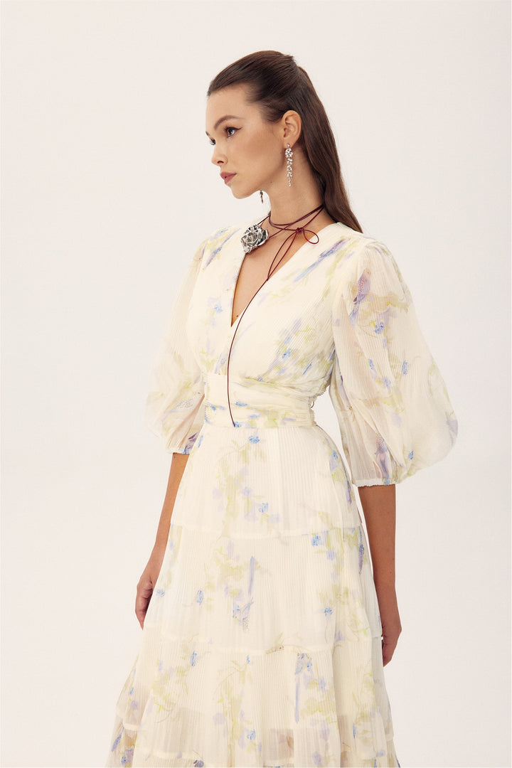 Stephanie Birds Baskılı V Yaka Midi Elbise