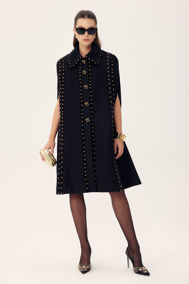 Faithe Perçinler Yün Pelerin Kaban