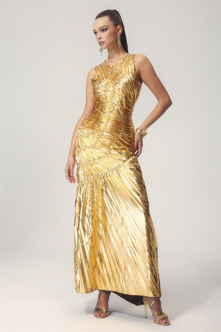 Silla Metalik Pileli Midi Elbise