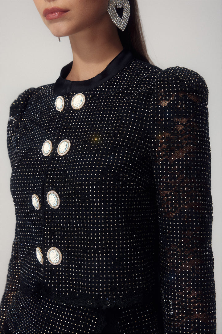 Mor Kristal İşlemeli Dantel Etek Takım