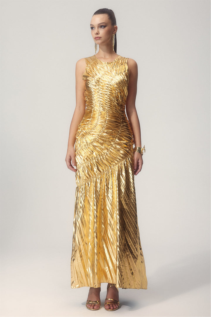 Silla Metalik Pileli Midi Elbise