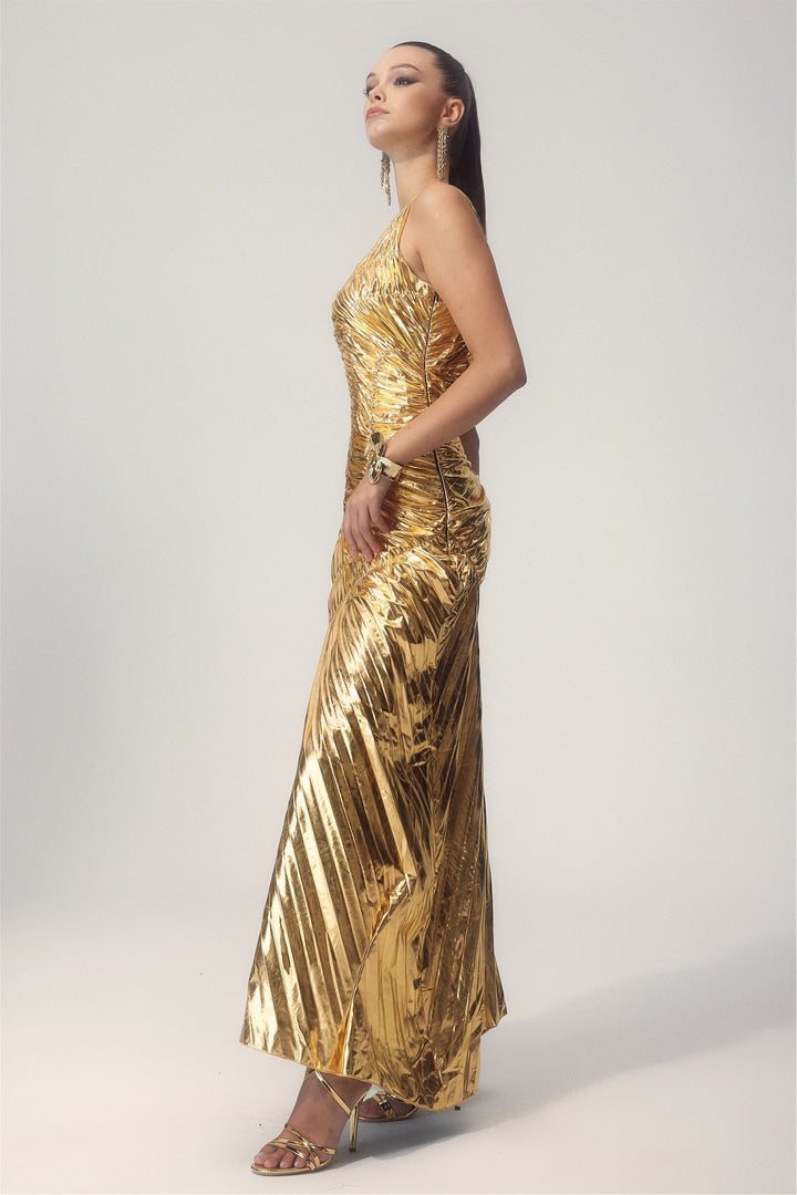 Silla Metalik Pileli Midi Elbise