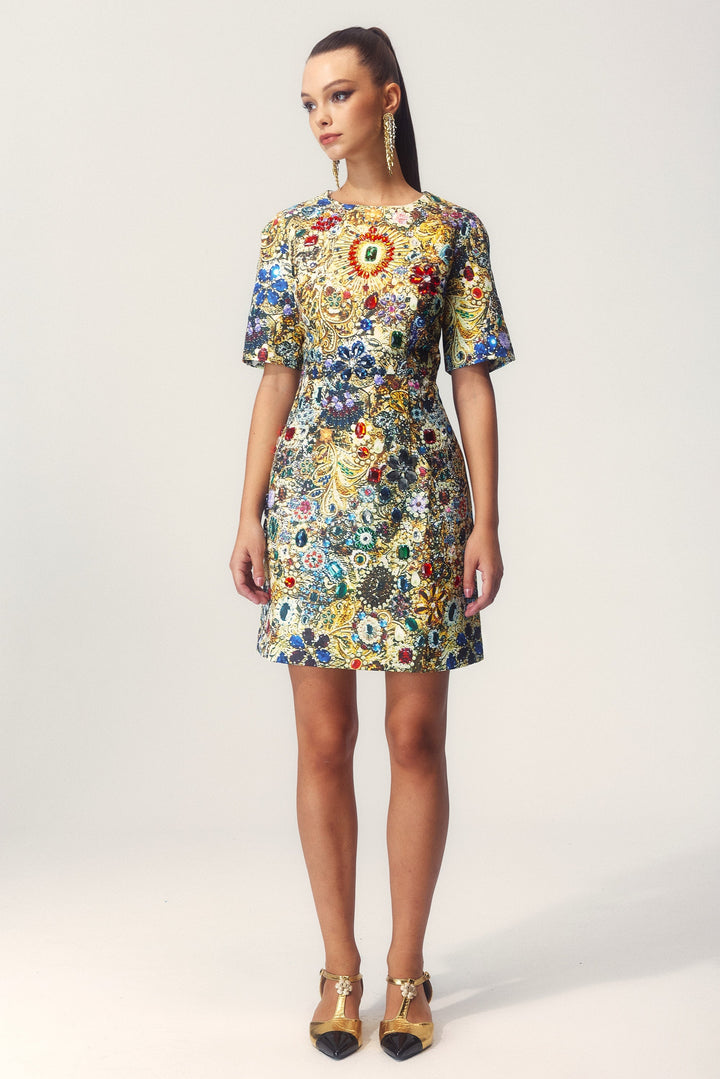 Sabina Taşlı Kısa Kol Mini Elbise