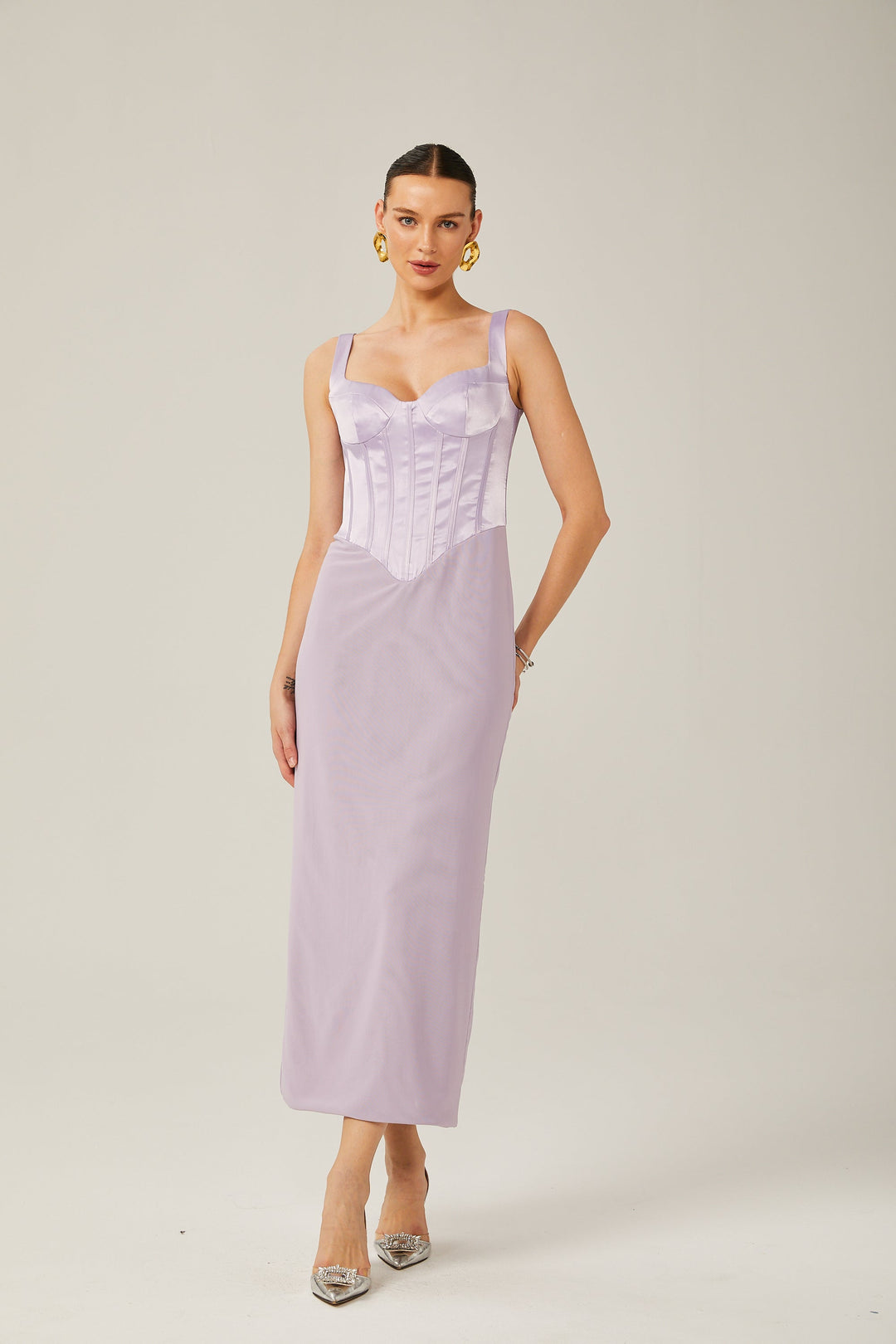 Amelina Mor Saten Korse Midi Elbise